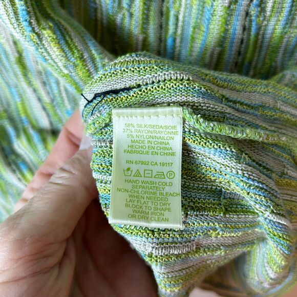 Sigrid Olsen Blue Green Silk Blend Textured Stripe 3/4 Sleeve Sweater Sz L - Picture 9 of 12